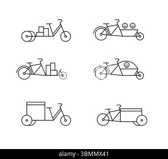Cargo bicycles and tricycles set of icons, linear with editable stroke. Stock Vector
