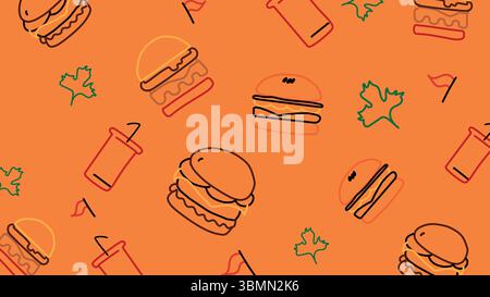Orange background with illustrated burgers, soda cups, and leaf icons in bold lines. Ideal for fast food ads, snack packaging, and restaurant visuals. Stock Vector