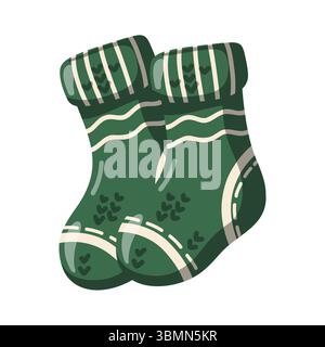 Cozy green wool socks with knitted texture. Autumn and winter warm accessory. Cartoon vector isolated illustration  Stock Vector