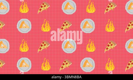 Retro pizza soda mustard purple food background Stock Vector