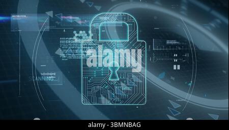 Floating glowing teal padlock icon in virtual interface, with hexagonal motifs and scrolling code Stock Photo
