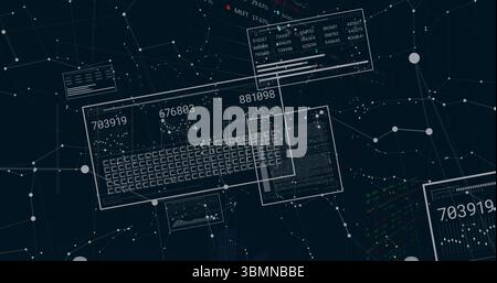 Displaying UI panel showing numeric values on keyboard layout in network space, with network nodes Stock Photo