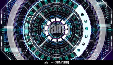 Displaying holographic interface rotating concentric rings on digital display, with binary code Stock Photo
