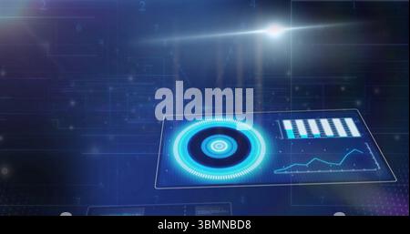 Floating holographic panel in interface, with gauge, bar chart, line graph and digits, copy space Stock Photo