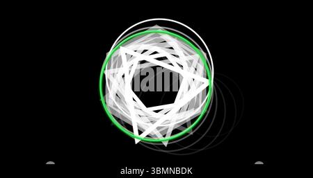 Displaying layered translucent polygons inside neon green circle on black backdrop with grey rings Stock Photo