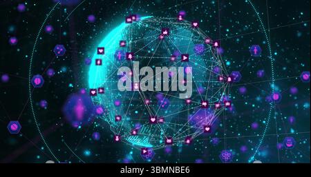 Interconnected icons glowing over globe in digital network image design Stock Photo