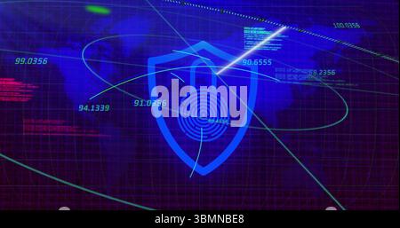 Digital security shield with lock icon over world map and data image Stock Photo