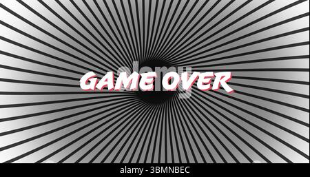 Showing GAME OVER text over black circle on digital background, with radial black and white stripes Stock Photo