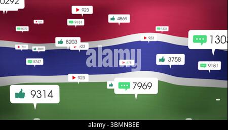 Displaying floating social media icons over digital infographic stripes, showing engagement metrics Stock Photo