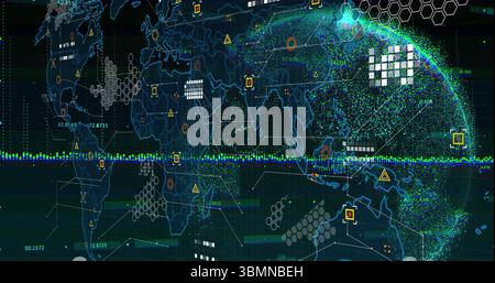Displaying stylized world map and data globe in console, showing hex grids and connecting lines Stock Photo