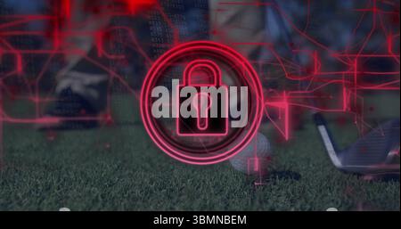 Displaying red digital padlock icon, red circuitry overlay on tee, with ball, club head and shoes Stock Photo