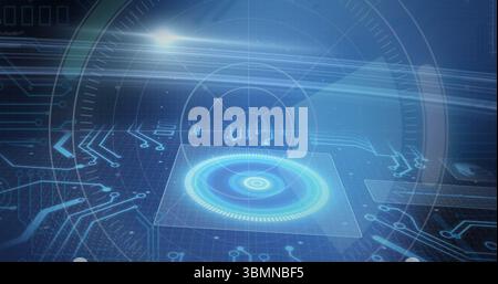 Displaying glowing holographic interface floating above panel with circuit overlays on virtual grid Stock Photo