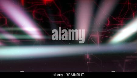 Glowing horizontal white and pale green beams radiating through cyberspace, intersecting red grid Stock Photo
