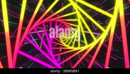 Spiraling neon polygonal frames creating tunnel in digital space, with multicolored light streaks Stock Photo