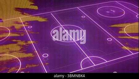 Displaying neon sports field diagram in virtual grid with binary overlay and yellow glitch strokes Stock Photo