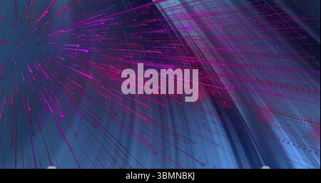 Neon pink light streams and dotted trails radiating in virtual space, with gradient color fields Stock Photo