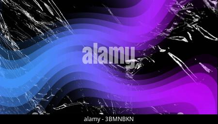 Flowing undulating gradient ribbons across black digital canvas, with metallic silver foil texture Stock Photo