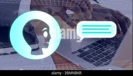Typing hands wearing suit on laptop at office desk, with smartphone document, digital overlay icons Stock Photo