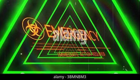 Displaying neon-green triangles in digital alert display with biohazard symbol and urgent text Stock Photo