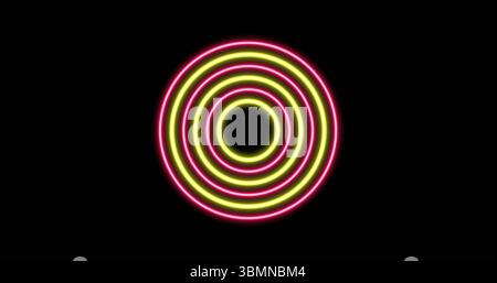 Glowing neon rings forming concentric target pattern on black background, with neon contrast Stock Photo