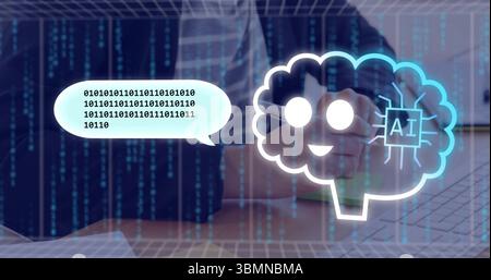 Glowing AI brain icon hovering over laptop on office desk, with binary code streams, copy space Stock Photo