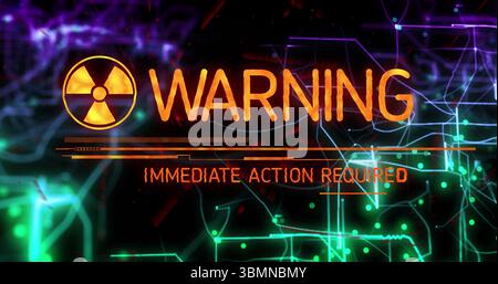 Displaying hazard warning sign on high-tech control panel, with radiation symbol and neon circuits Stock Photo