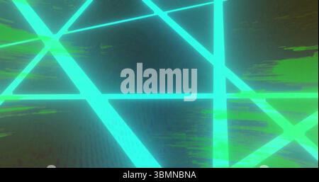 Forming intersecting neon turquoise and green glowing lines in digital screen, with noise texture Stock Photo
