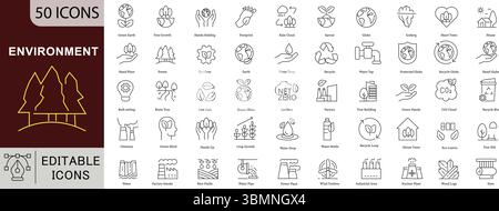 Environment Ecology Icon Set - 50 Editable Green Nature Icons for Sustainability, Climate Change and Environmental Protection Vector Collection Stock Vector