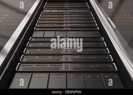 Populated server rack is extending perspective in 3D render, with perforated panels and orange LEDs Stock Photo