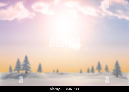 Glowing sun is shining through pastel clouds over flat design snowy hills with pine trees Stock Photo