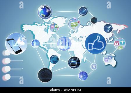 Flat network graphic is showing world map connecting smartphone globe icons on light blue gradient Stock Photo