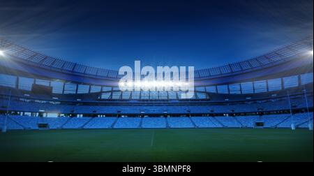 Empty stadium interior is glowing under floodlights in flat design, with green pitch and seats Stock Photo