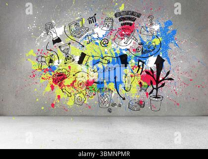 Grey wall with graphics and splashes Stock Photo