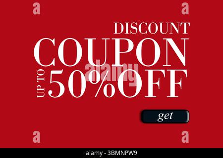 Promotional coupon graphic is showing in flat red design with white text and black get button Stock Photo