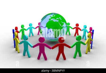 Flat design silhouettes holding hands around rotating 3D globe on seamless white background Stock Photo