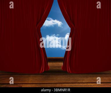 Flat design red curtains are parting on stage floor, revealing bright blue sky with white clouds Stock Photo