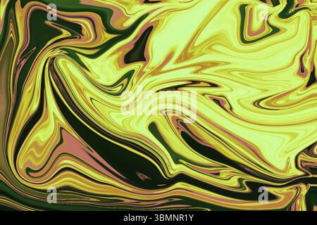 Fluid art swirl flowing, blending yellow green brown occupying full width on transparent background Stock Photo