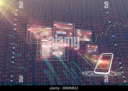 Stylized flat design showing hovering panels and smartphone projecting holographic financial charts Stock Photo