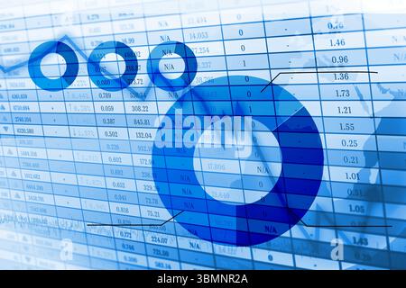 Flat design data graphic showing large blue doughnut chart, data grid, ring charts and line graph Stock Photo