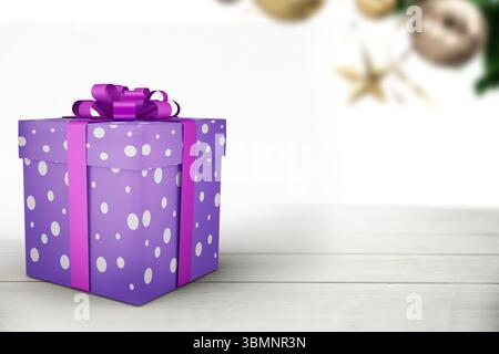 Flat design purple polka-dot gift box is sitting on tabletop with magenta bow, starfish and foliage Stock Photo