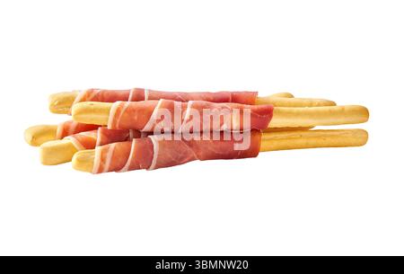 grissini or breadsticks with parma ham prosciutto isolated on white background. breadsticks with prosciutto isolated . Stock Photo