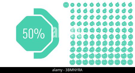 Set of octagon percentage diagrams meters from 0 to 100 ready-to-use for web design, user interface UI or infographic - indicator with green Stock Vector