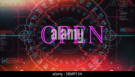 Displaying neon pink OPEN sign over digital interface, with HUD rings and numeric code panels Stock Photo