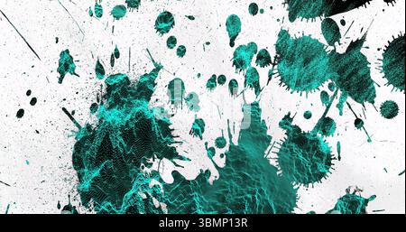 Displaying teal-green paint splatter cluster spreading on digital canvas, with mesh contour lines Stock Photo