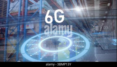 Projecting translucent holographic interface labeled 6G hovering over warehouse aisle, with racks Stock Photo