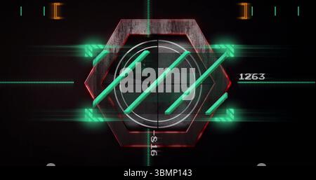 Displaying hexagon HUD sweeping green bars and scanlines at futuristic interface, numeric readout Stock Photo