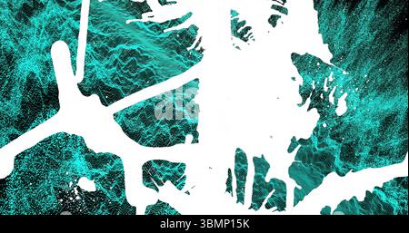 floating irregular white paint-splash shape across turquoise-green wave mesh pattern, abstract art Stock Photo