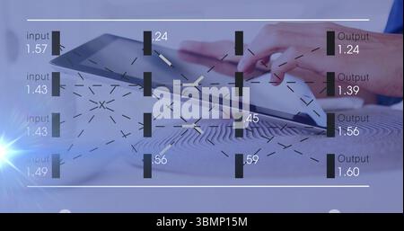 Tapping hands in blue shirt controlling tablet at wooden desk, with neural network diagram Stock Photo