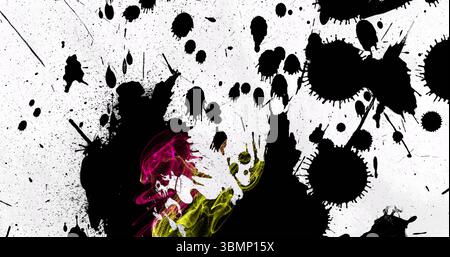 Magenta and yellow smoke swirling and emerging from black ink splatter on white field, with blots Stock Photo
