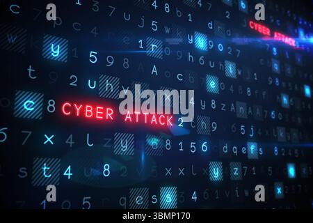 Red glowing CYBER ATTACK text is floating over dark digital code grid, with neon blue flares Stock Photo
